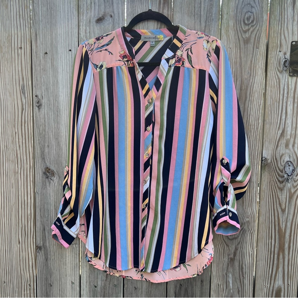 FIGUEROA and Flower Multi Stripe Floral Blouse Top size Medium
